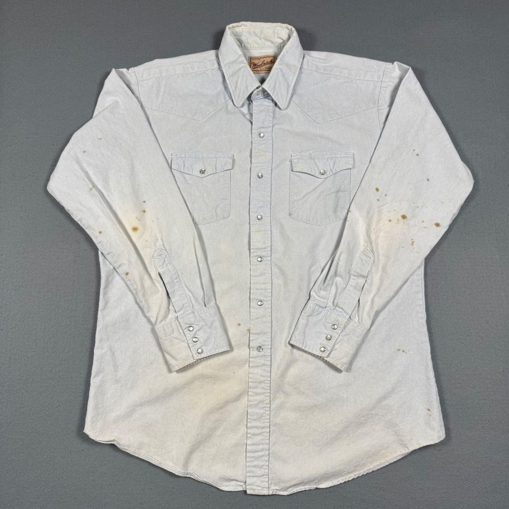 Woolrich Western Pearl Snap Shirt Mens XLT Light Blue Chambray Cotton Vintage